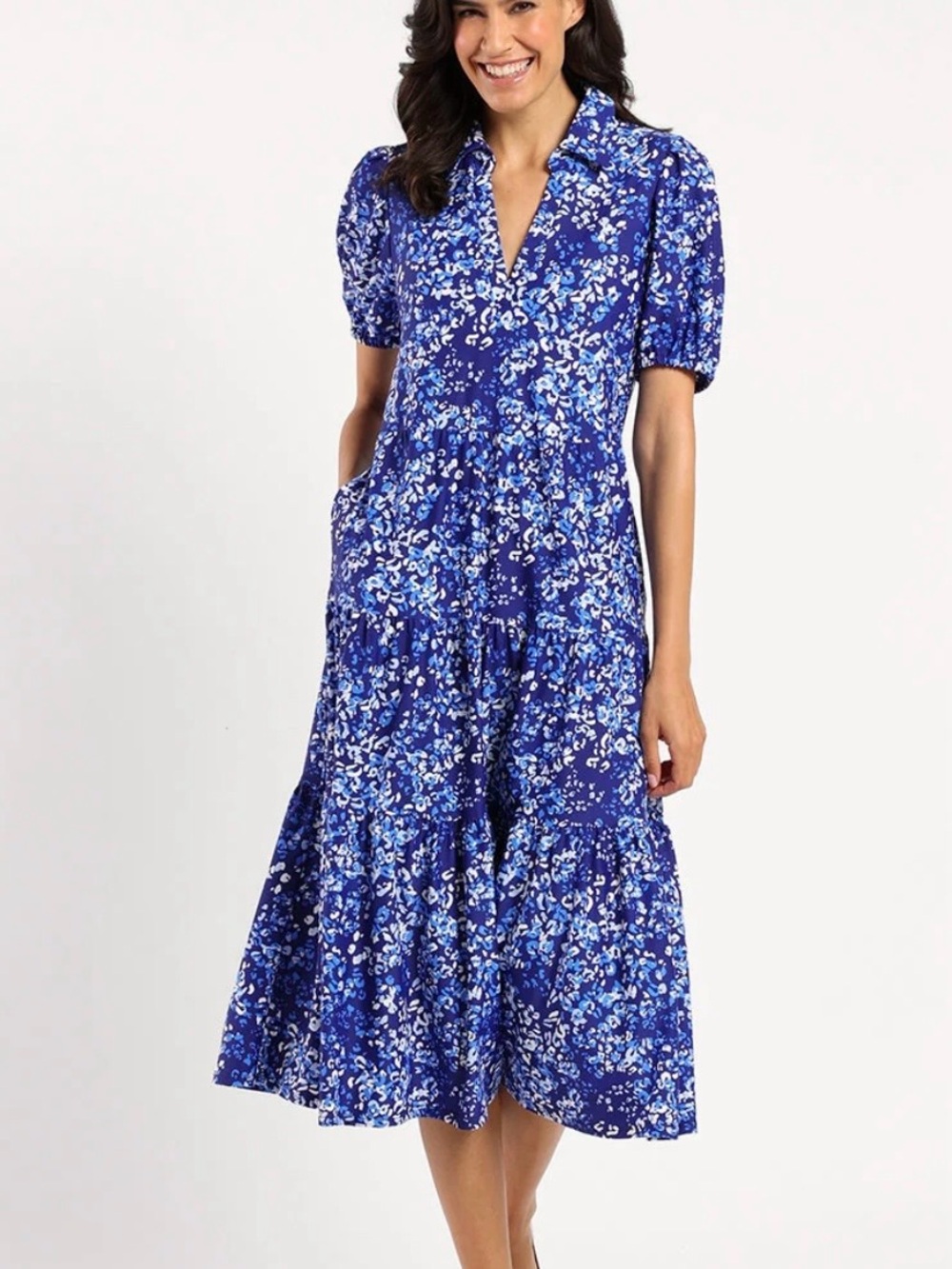 Jude Connally Portia Dress Blue Painterly Cheetah Beacon